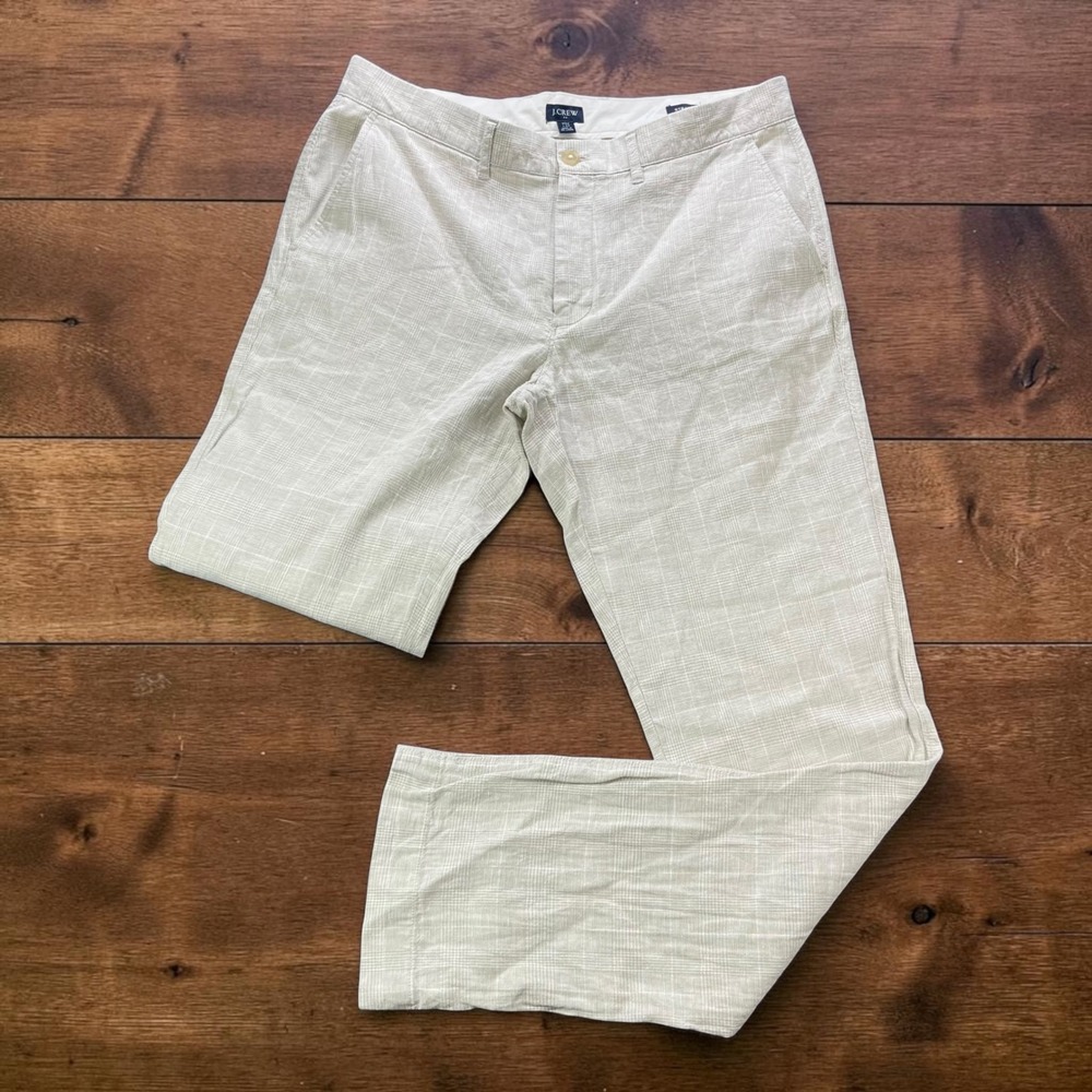 J.Crew Mens 34x34 Straight Linen Cotton Glen Plaid Pants Cream White